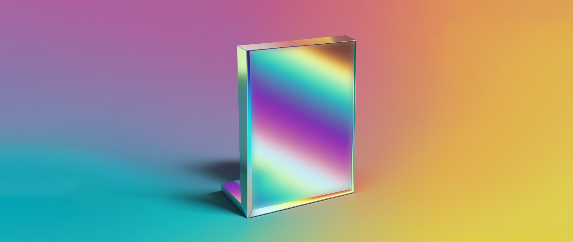 A mirror reflecting a gradient of yellow, green, blue, purple, and pink light. 