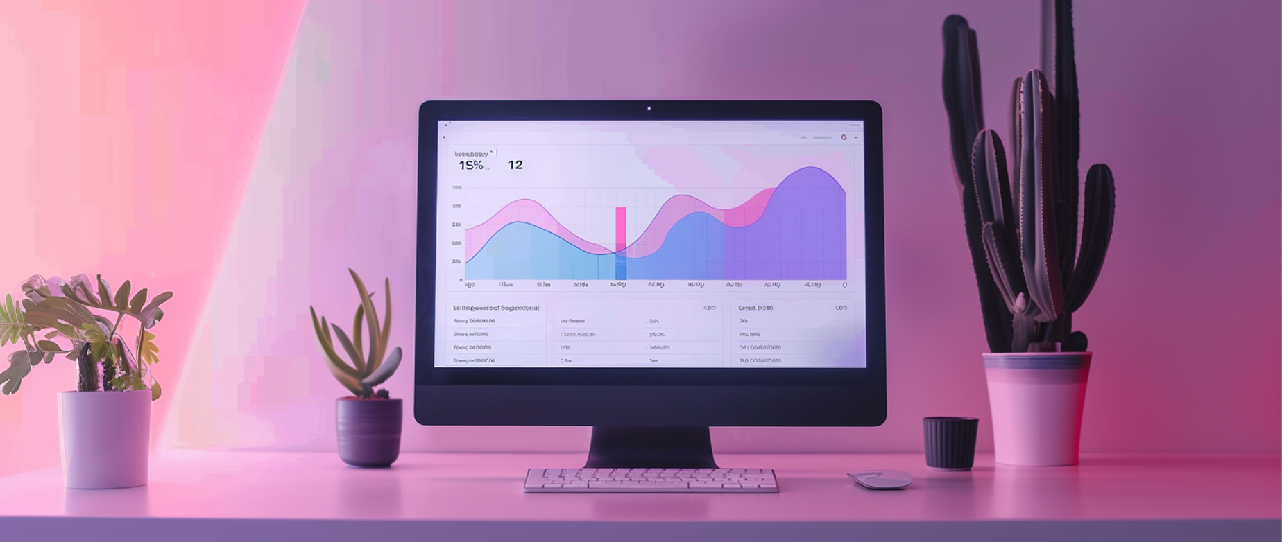 A desk set up with plants and a computer monitor with data and analytics display on the screen.