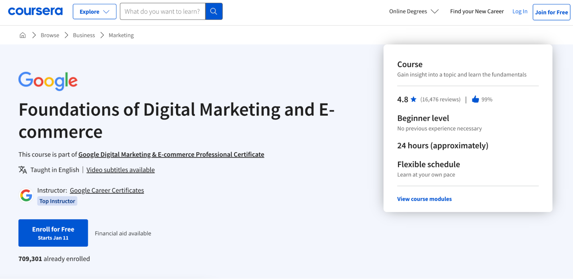 Image of landing page for Google’s digital marketing and ecommerce course on Coursera