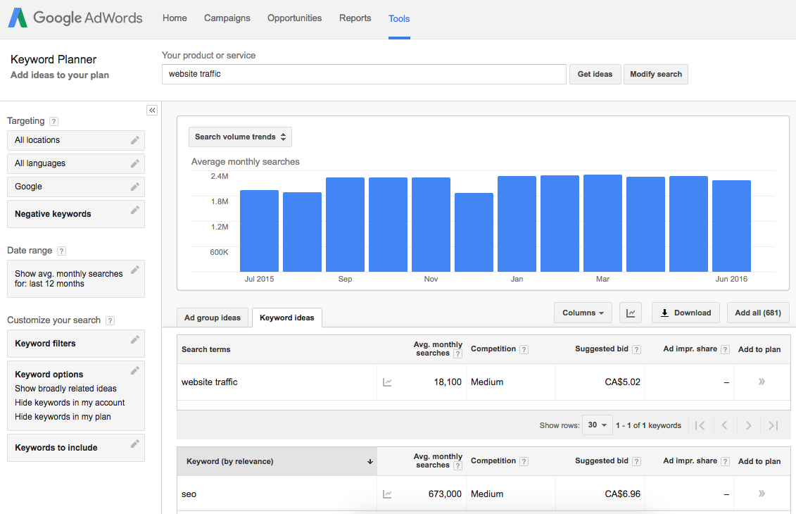 google adwords keyword planner