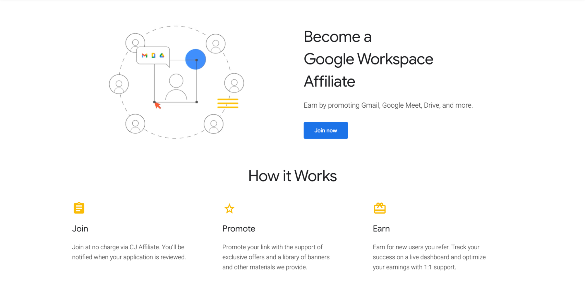 The Google Workspace affiliate sign up page with an illustration of Google’s portfolio of apps.