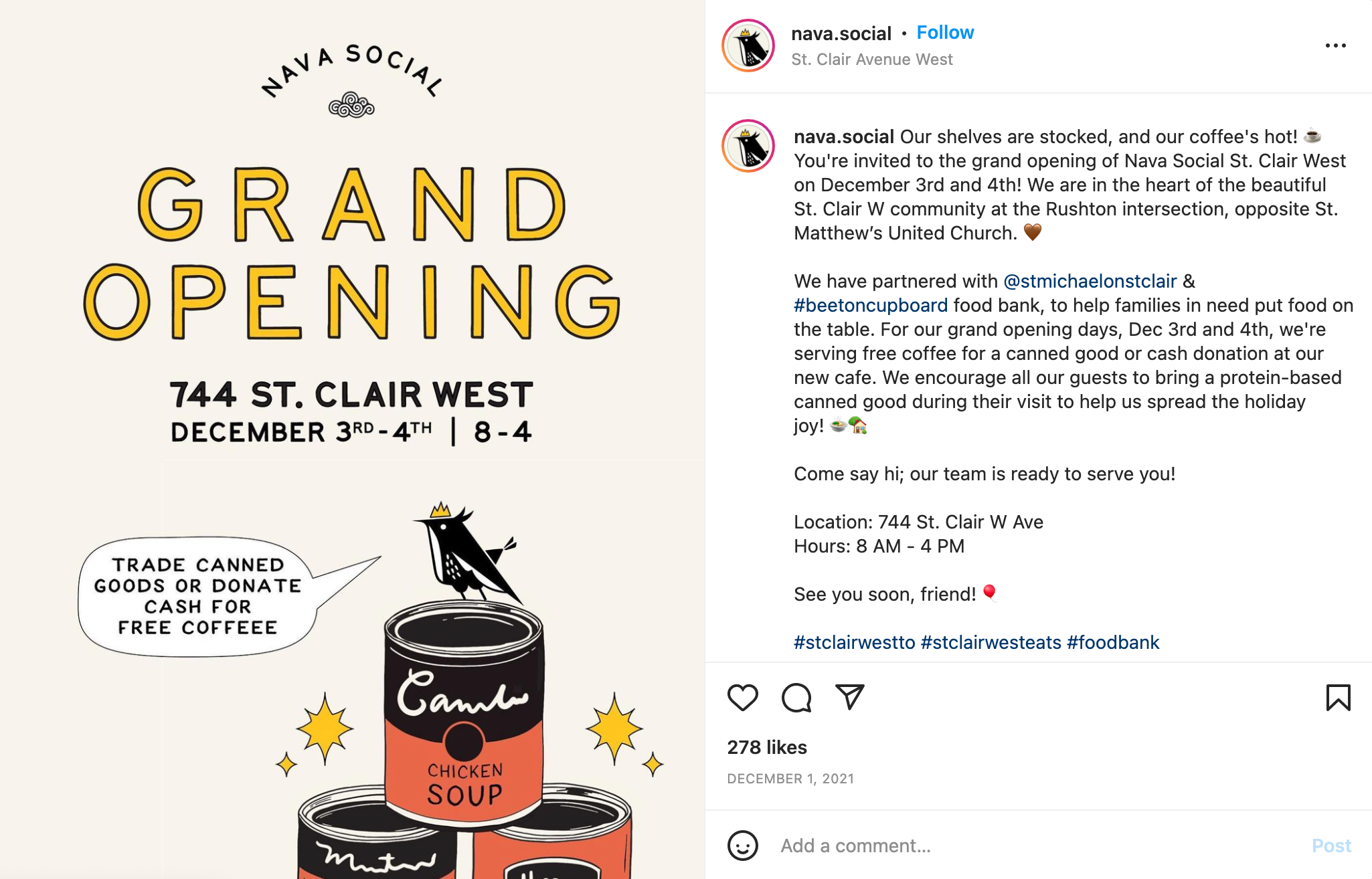 Instagram post advertising Nava Social's grand opening with a charity partnership