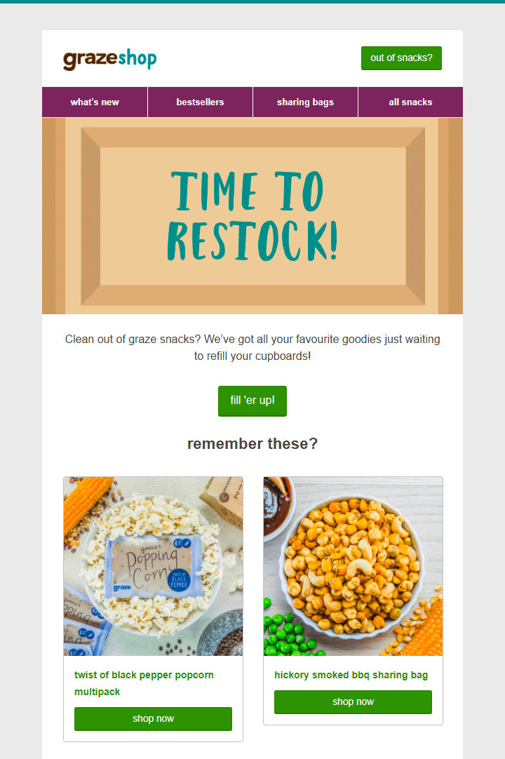 A replenishment email from Graze