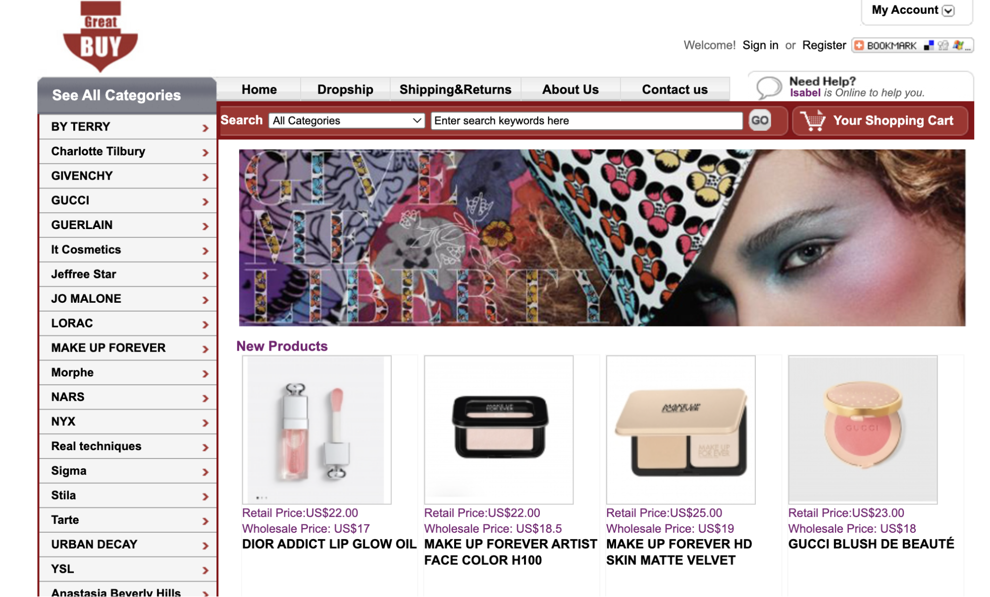 Wordmakeup’s wholesale website, showing makeup products from Dior, Gucci, and Make Up Forever.