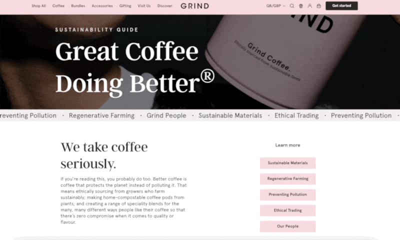 GIF showing a carousel of Grind’s brand values.