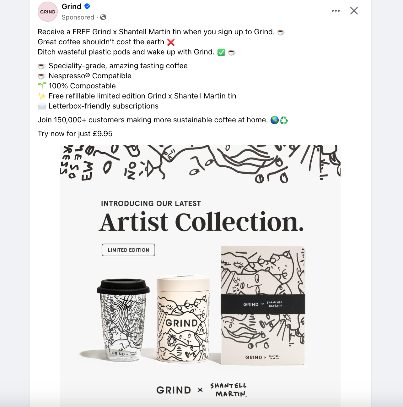 Facebook marketing photo ad for Grind Coffee’s artist collection of  mugs and accessories.