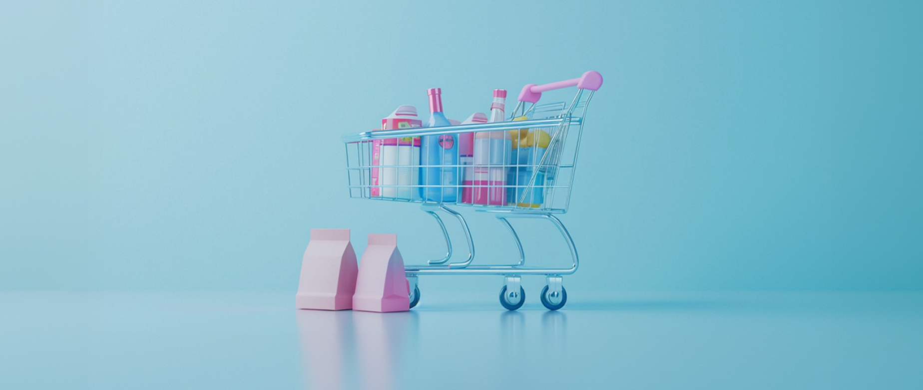 A full grocery cart with two pink bags next to it on a blue background.
