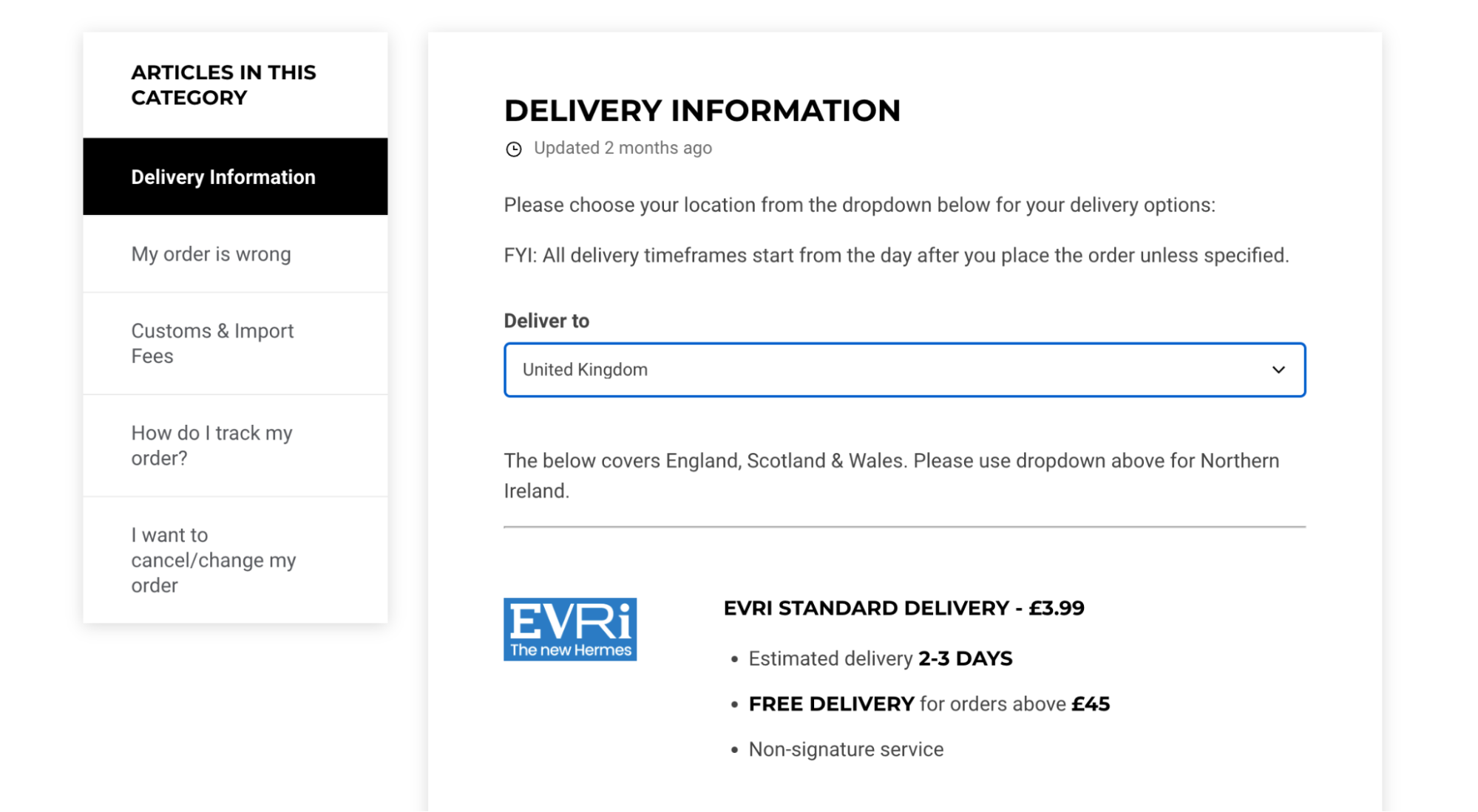 Gymshark’s delivery information page showing shipping options for customers in the UK.