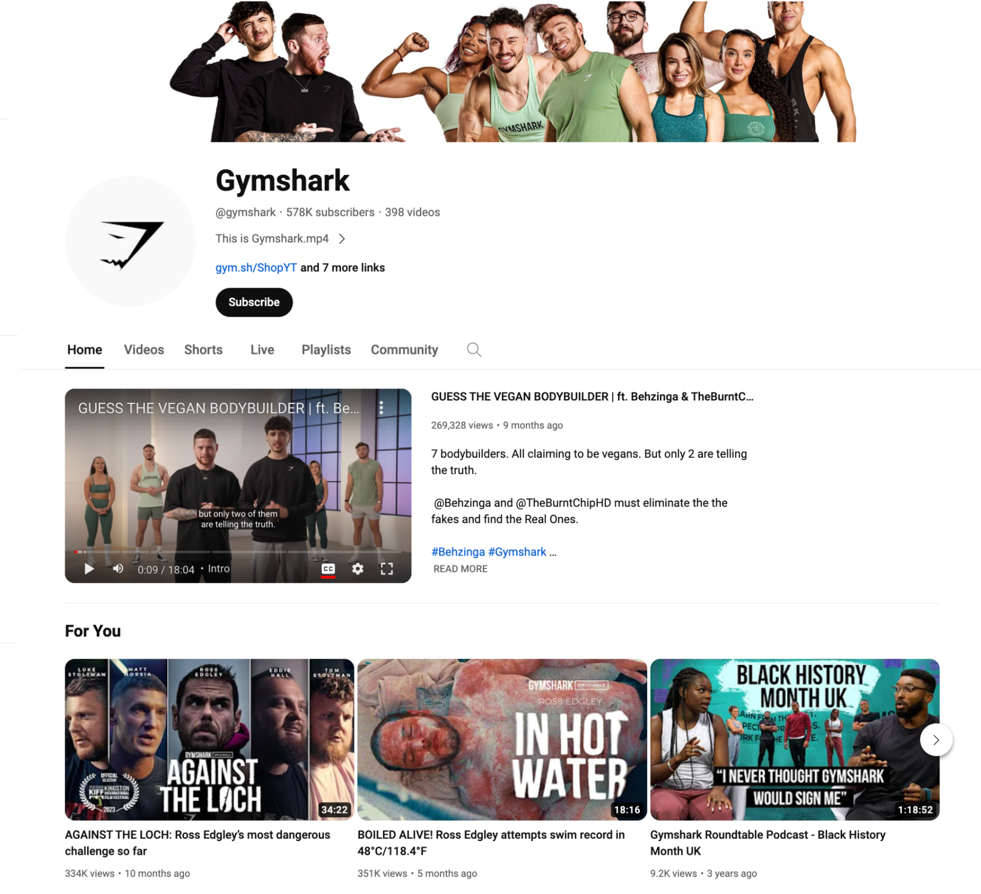 Screenshot of Gymshark’s YouTube channel page