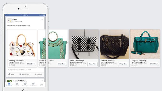 A carousel of handbags pass through a Facebook ad on an iPhone screen.