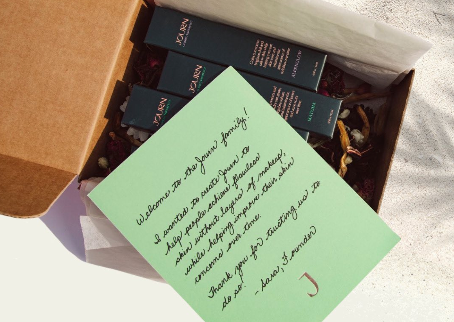 A product box containing a thank you letter for a customer