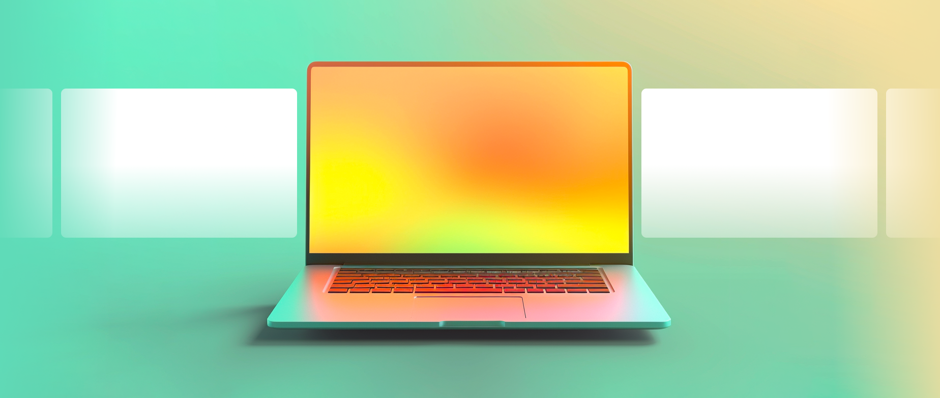 A laptop with an orange screen next to white squares on a teal background.