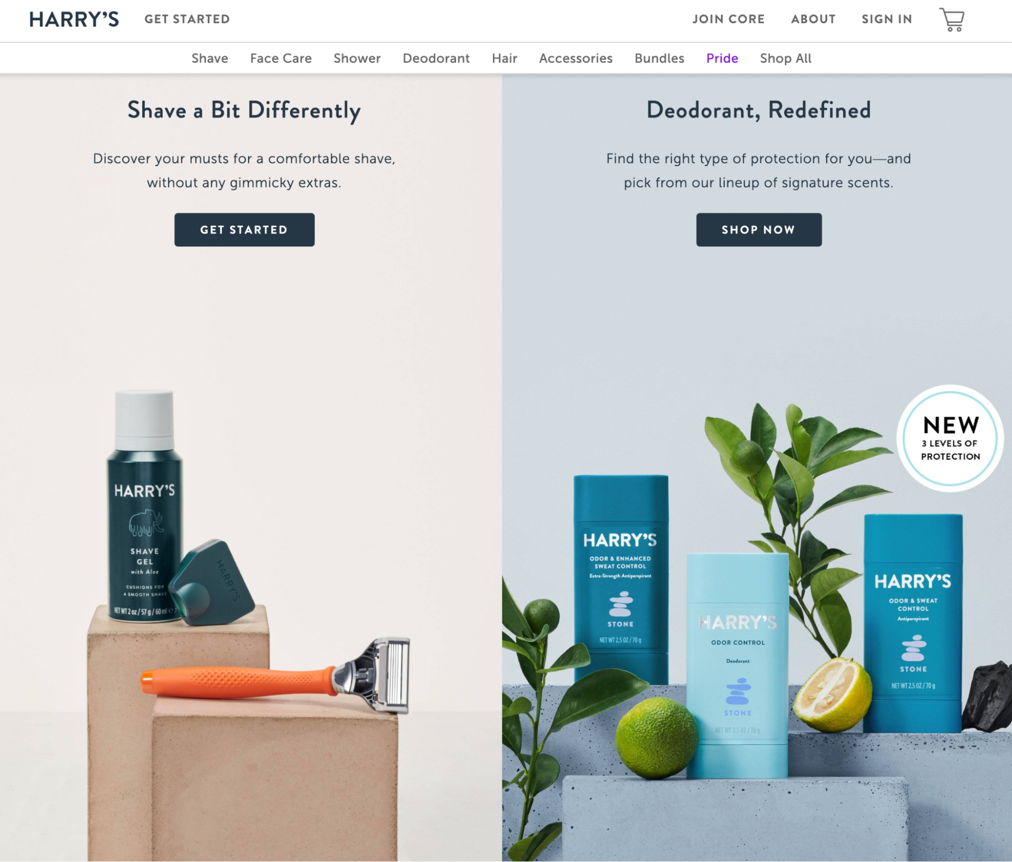 Screenshot of Harry’s website showcasing a shaving foam and orange razor on the left and three bottles of deodorant in varying shades of blue on the right.