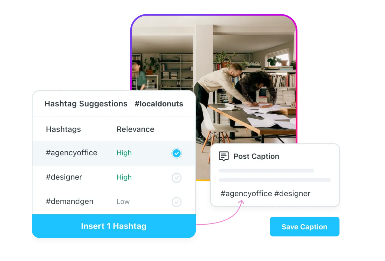 A demo of an Instagram hashtag tool by Later to help users find relevant accounts to follow