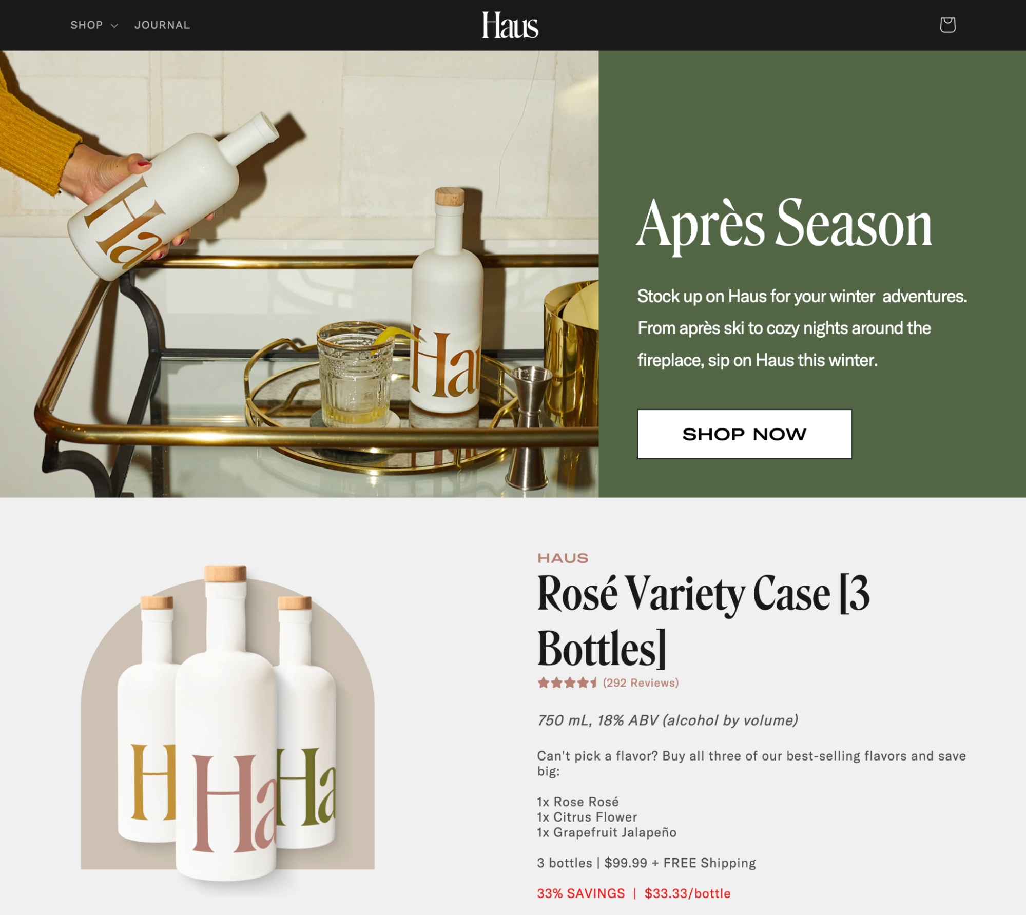 Haus homepage featuring promotion for 2 bottles of the low ABV rose aperitif