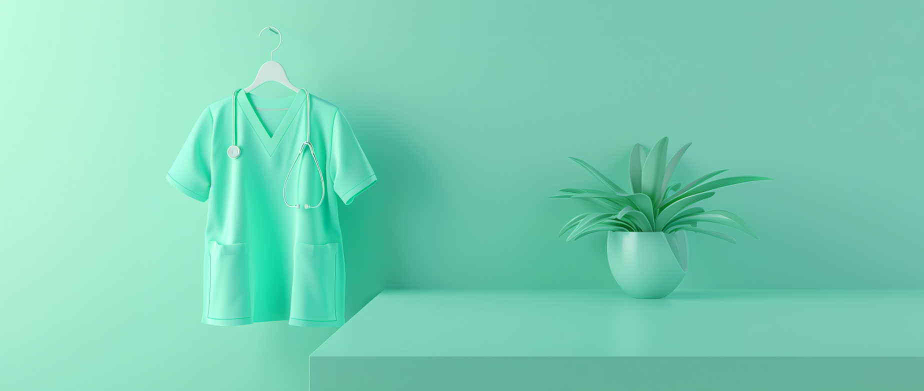 Mint green scrubs and a stethoscope hanging next to a green plant on a table in a mint green room.