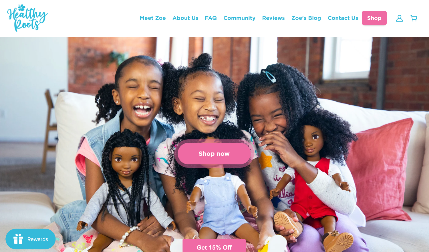 Ecommerce website homepage for Healthy Roots Dolls