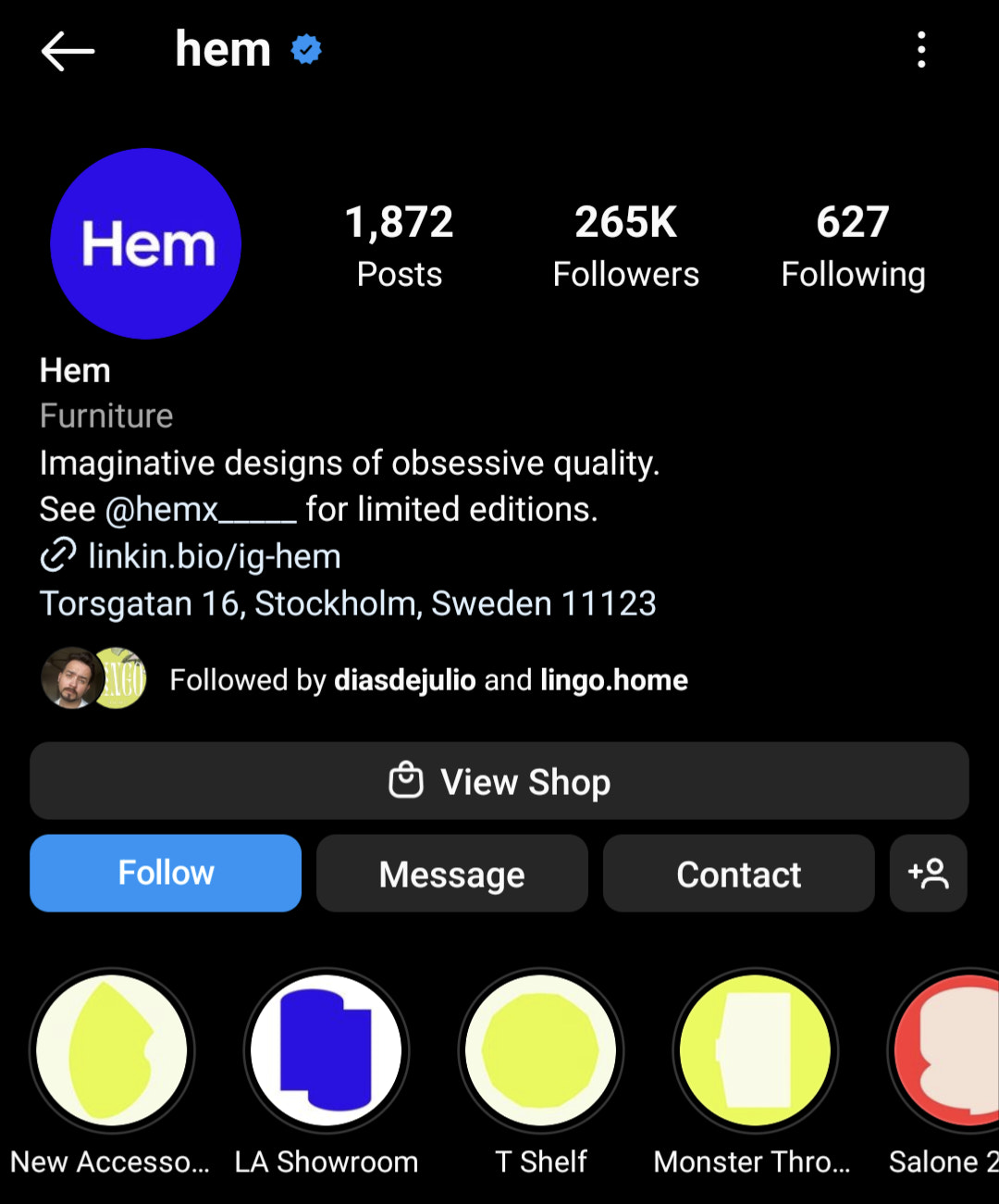 screenshot of Hem Instagram bio