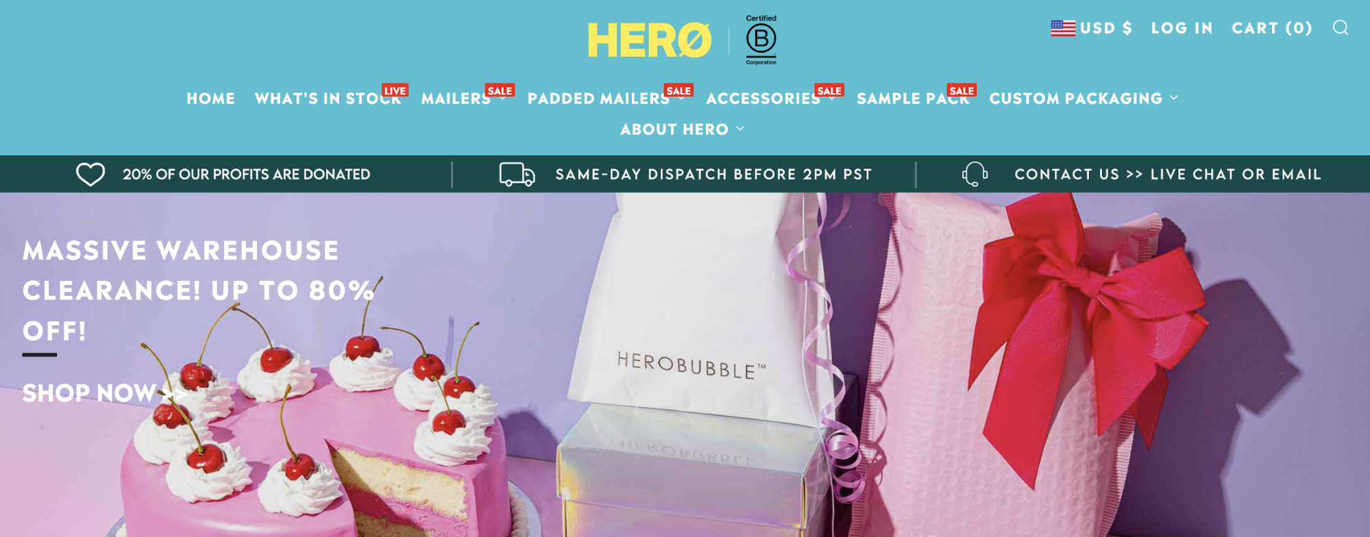 Hero Packaging website featuring a pink cake with a slice cut out and matching gift packaging
