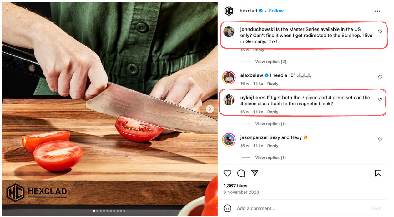 Hexclad Instagram post of hand with knife chopping a tomato highlighting questions in the comments.
