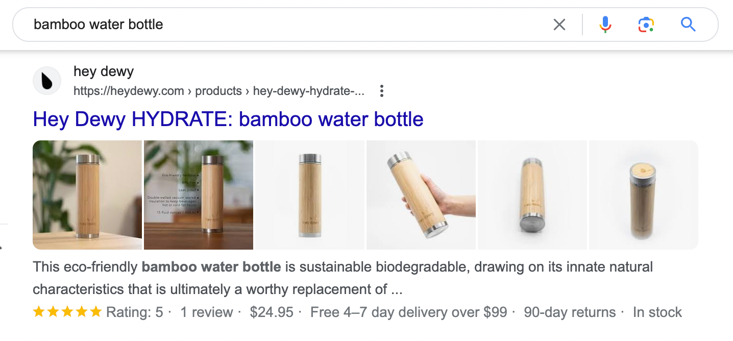 Google listing from Hey Dewy showing its bamboo water bottle and accompanying star rating.