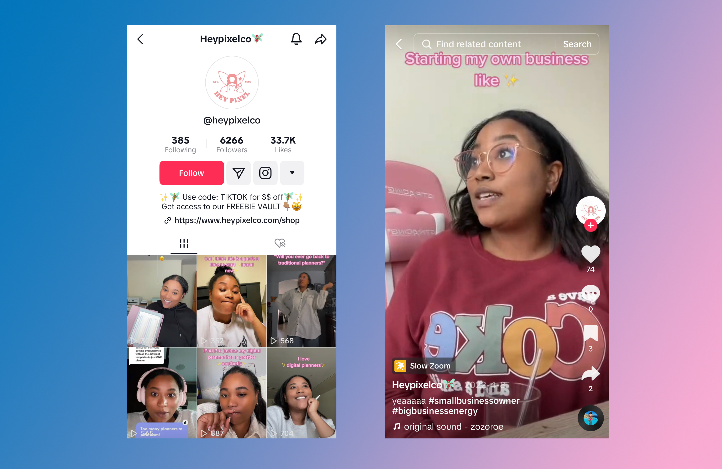 Side by side mobile screens showing a TikTok marketing example by HeyPixelCo