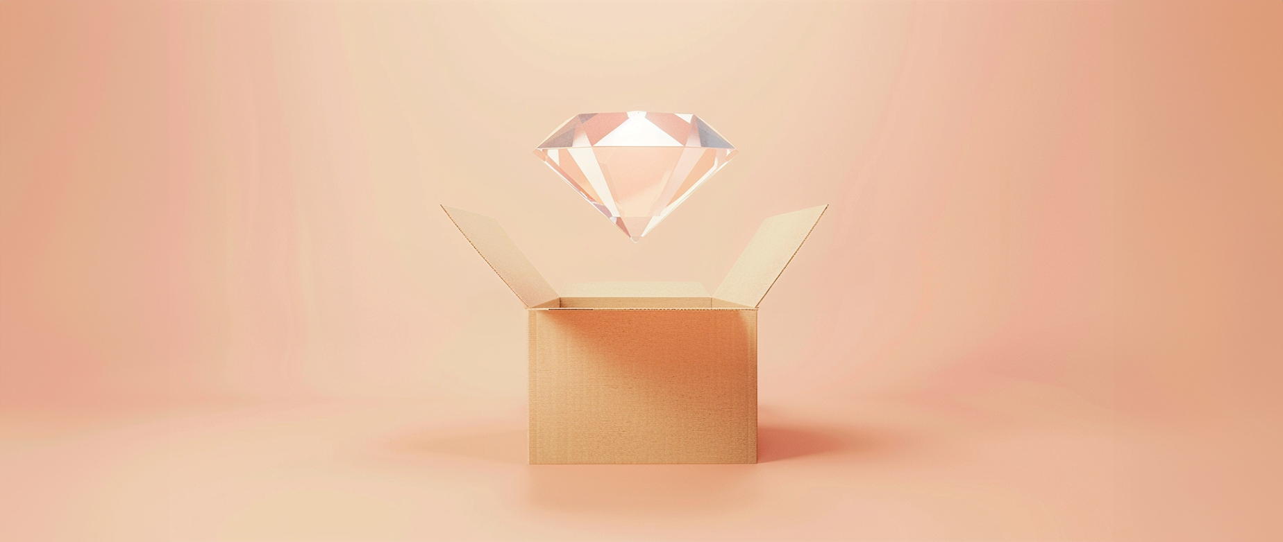 A diamond above an open cardboard box on a peach background.