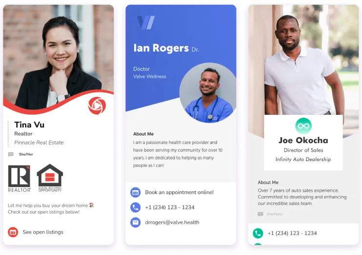 3 digital business cards with headshots of each person and contact information and more about them.