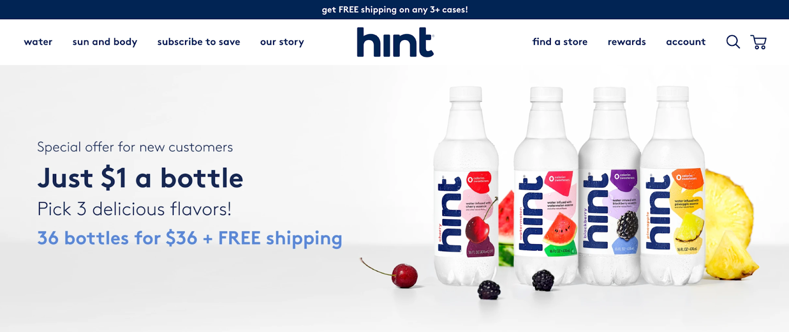 来自 Hint 主页的截图，展示了 Hint Water “3 箱，售价 36 美元”的捆绑包，展示了四种口味。