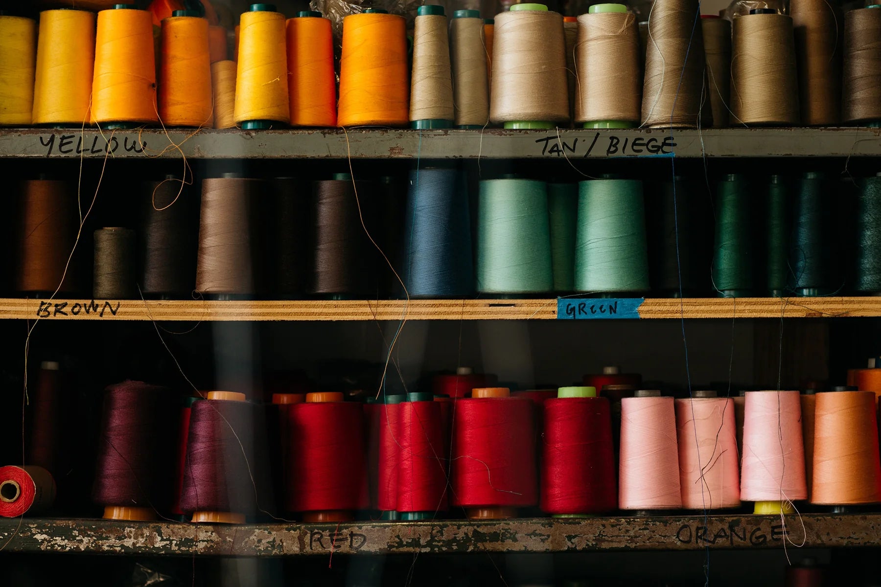 Shelves of spools of thread in many colors