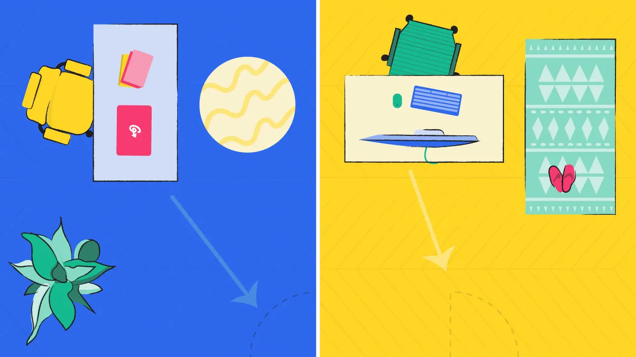 A diagram illustration showing two feng shui positions for home office furniture placement