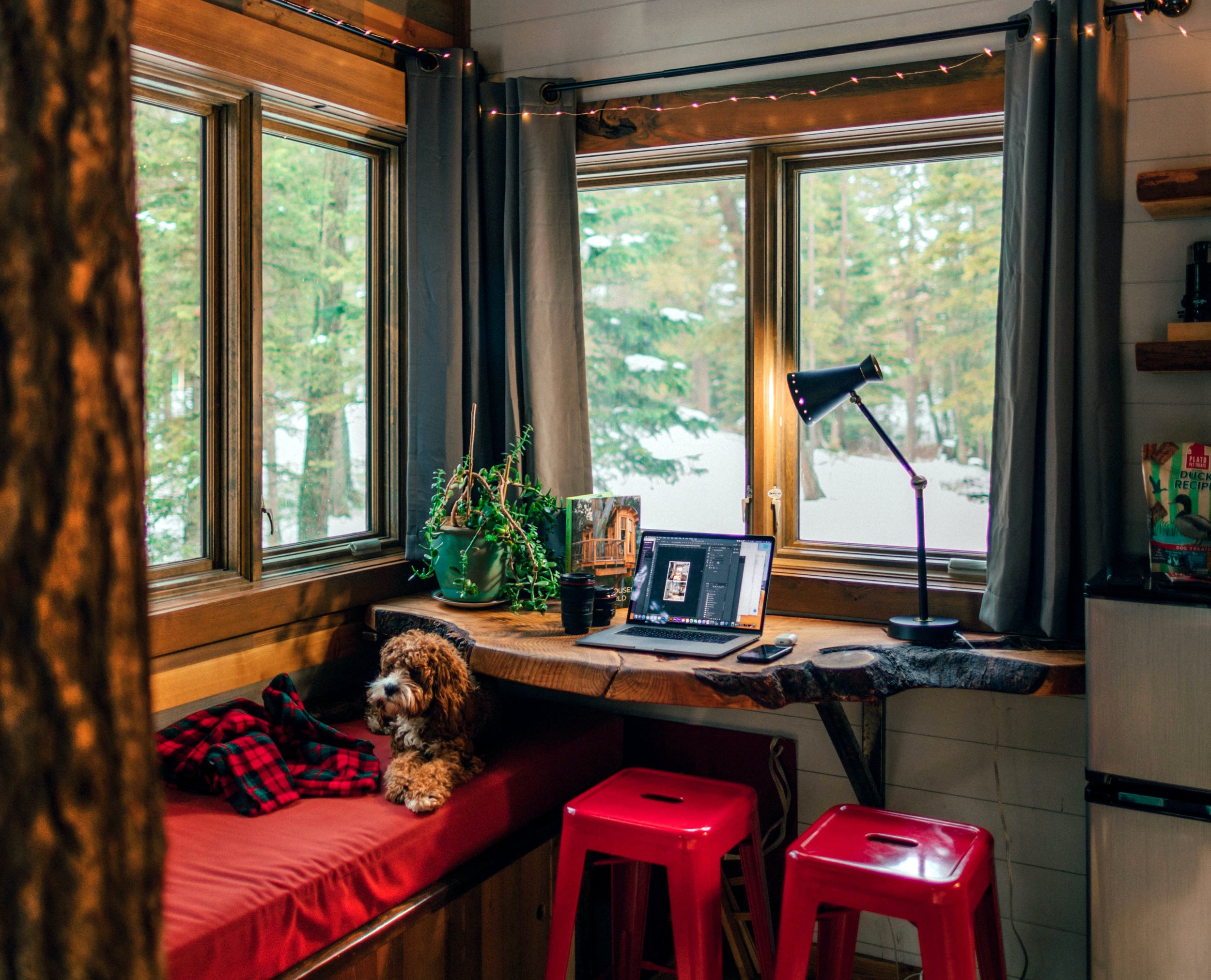 A cozy home office tucked into a corner against a window. A small dog sleeps on a window bench