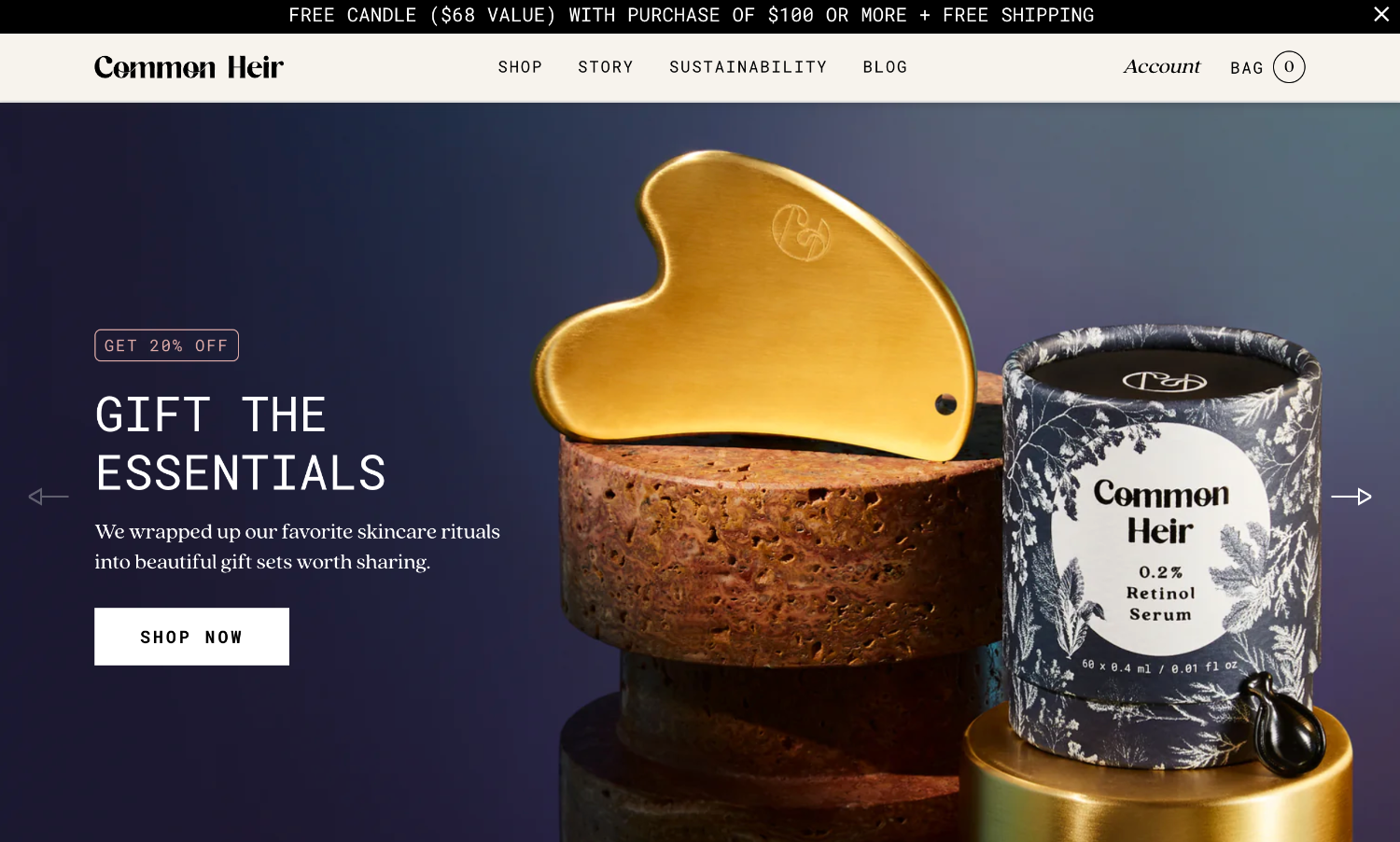 Homepage for the ecommerce website of brand Common Heir