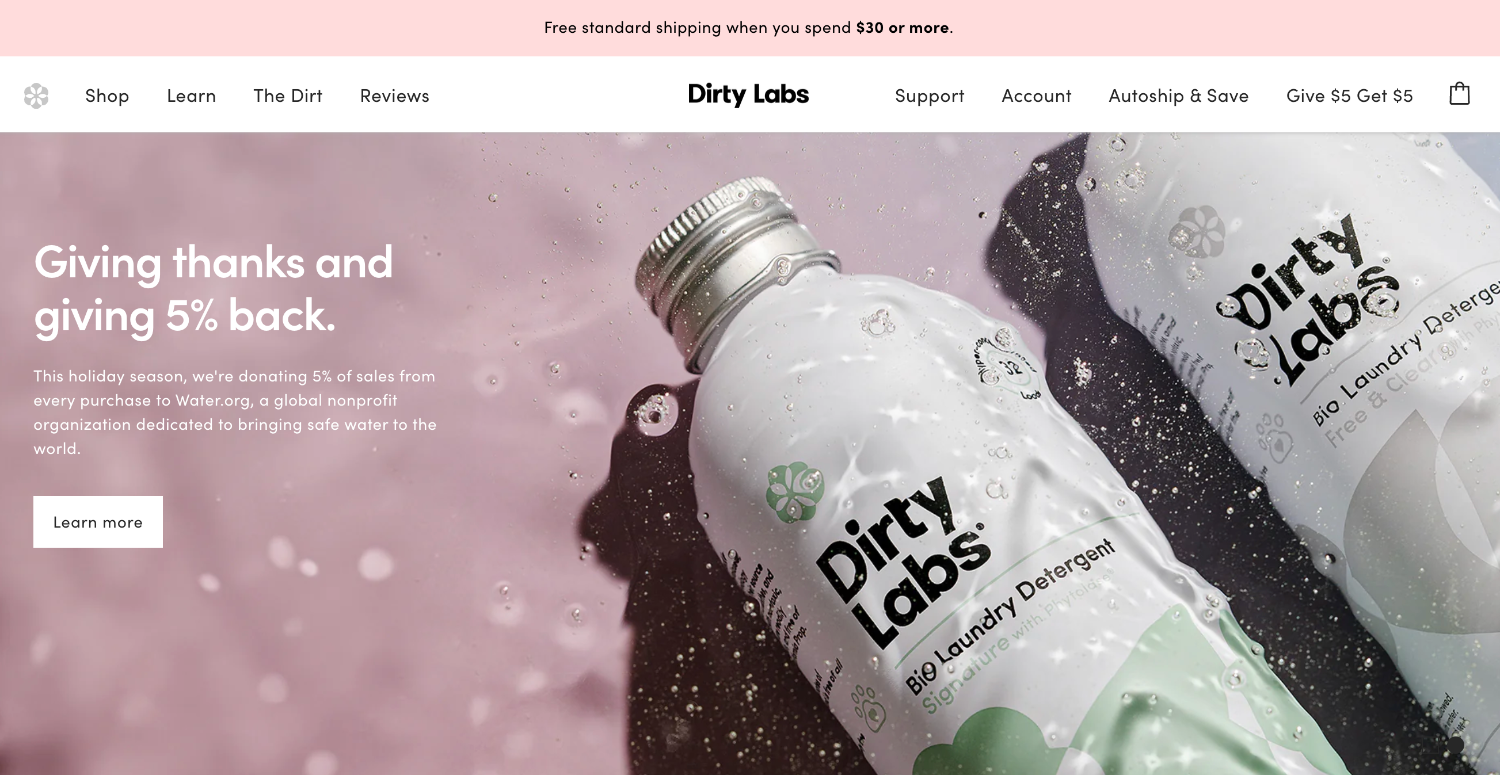 Homepage for the ecommerce website of brand Dirty Labs