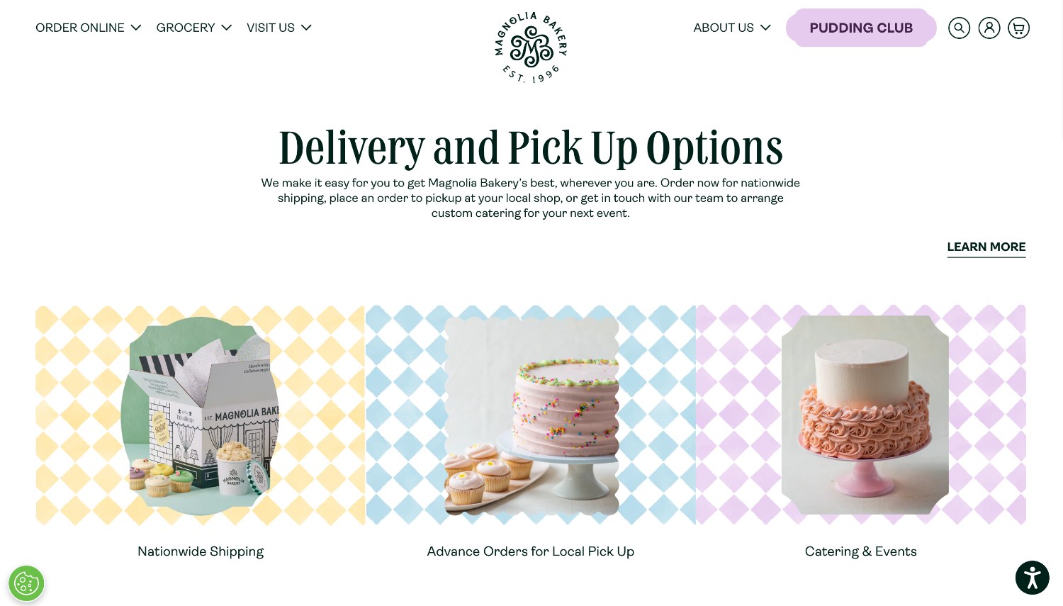 Homepage for the ecommerce website of brand Magnolia Bakery