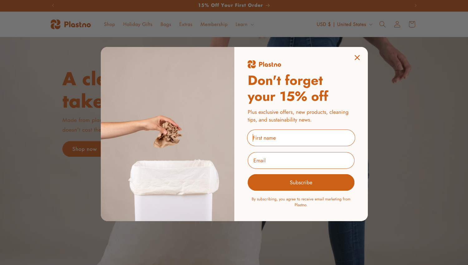 Homepage popup offer for the ecommerce website of brand Plastno