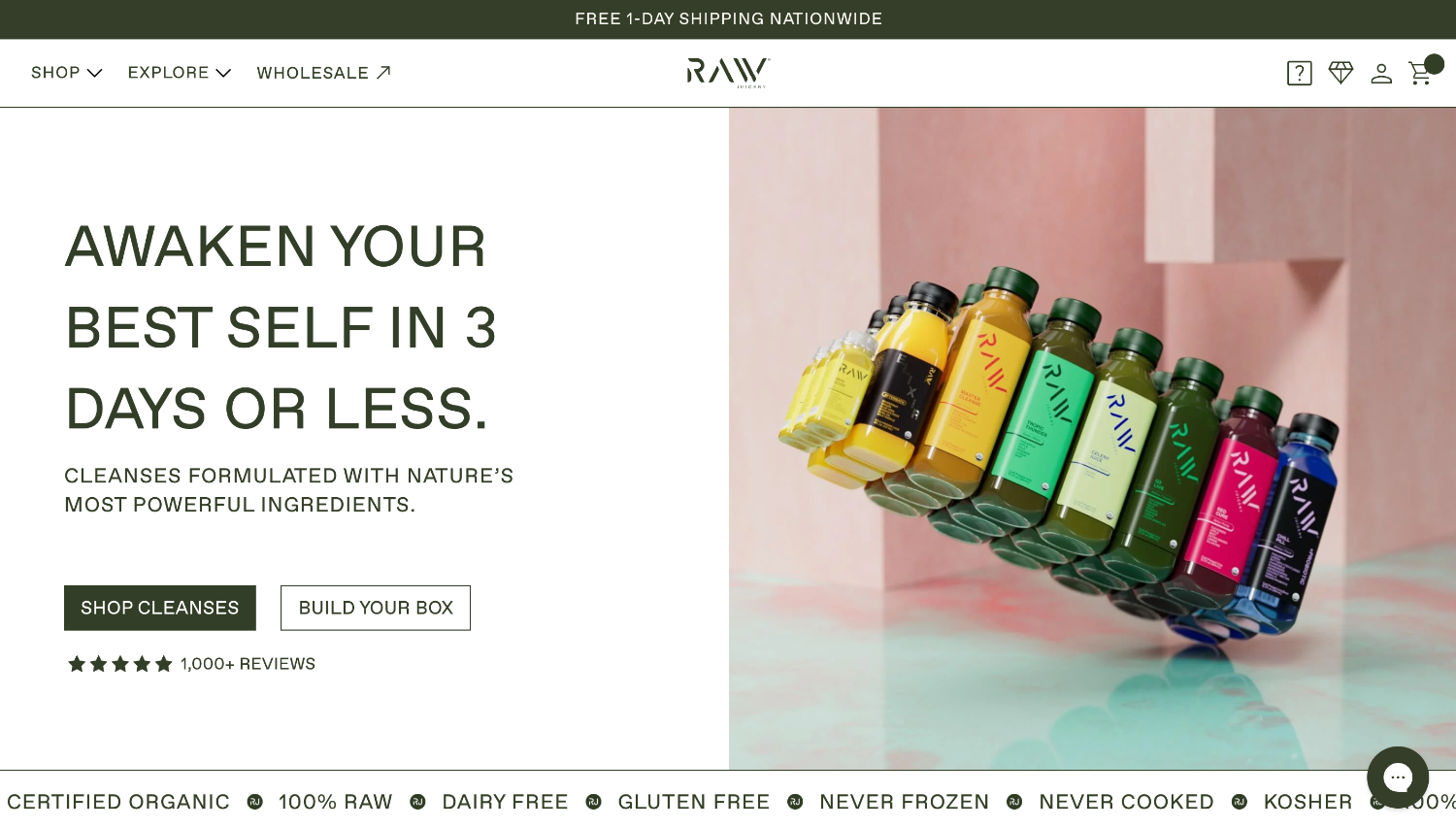 Homepage for the ecommerce website of brand Raw