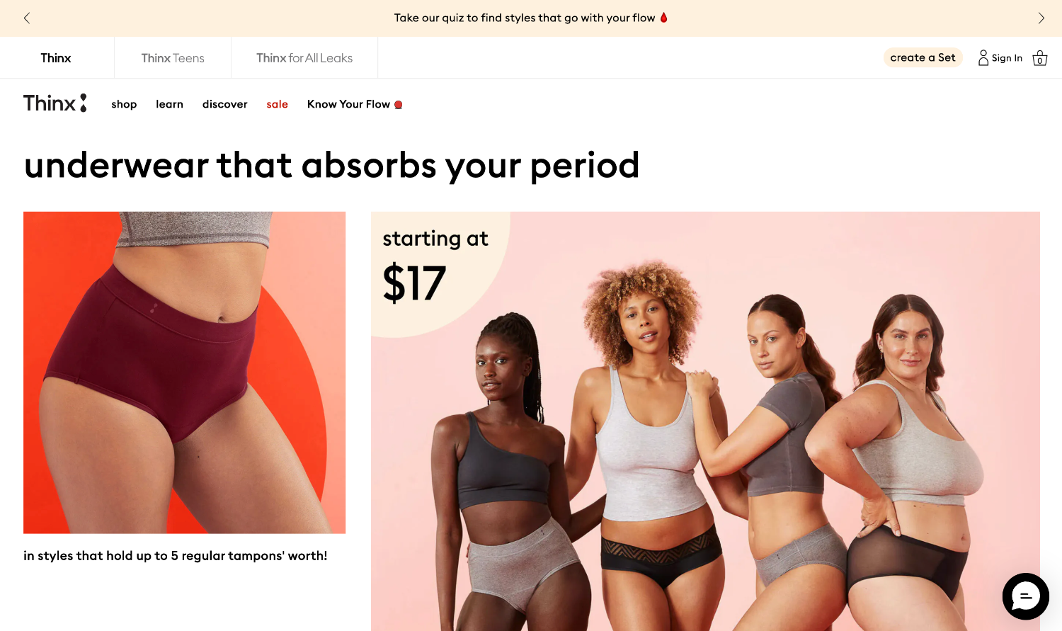 Homepage for the ecommerce website of brand Thinx