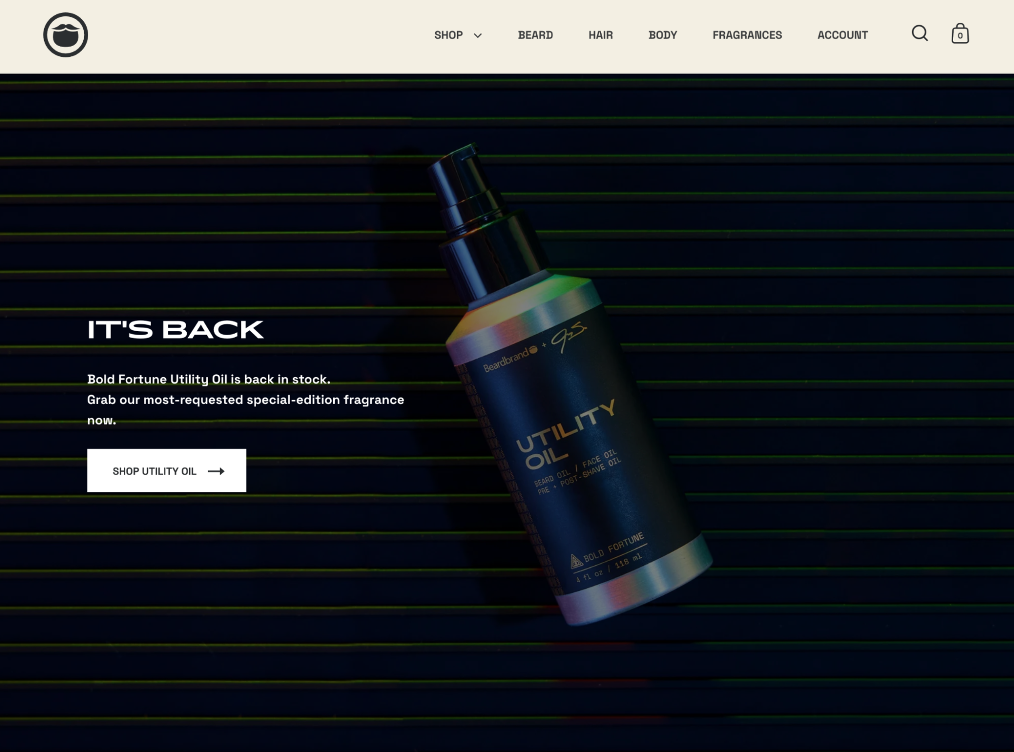 Screenshot of Beardbrand’s ecommerce website homepage