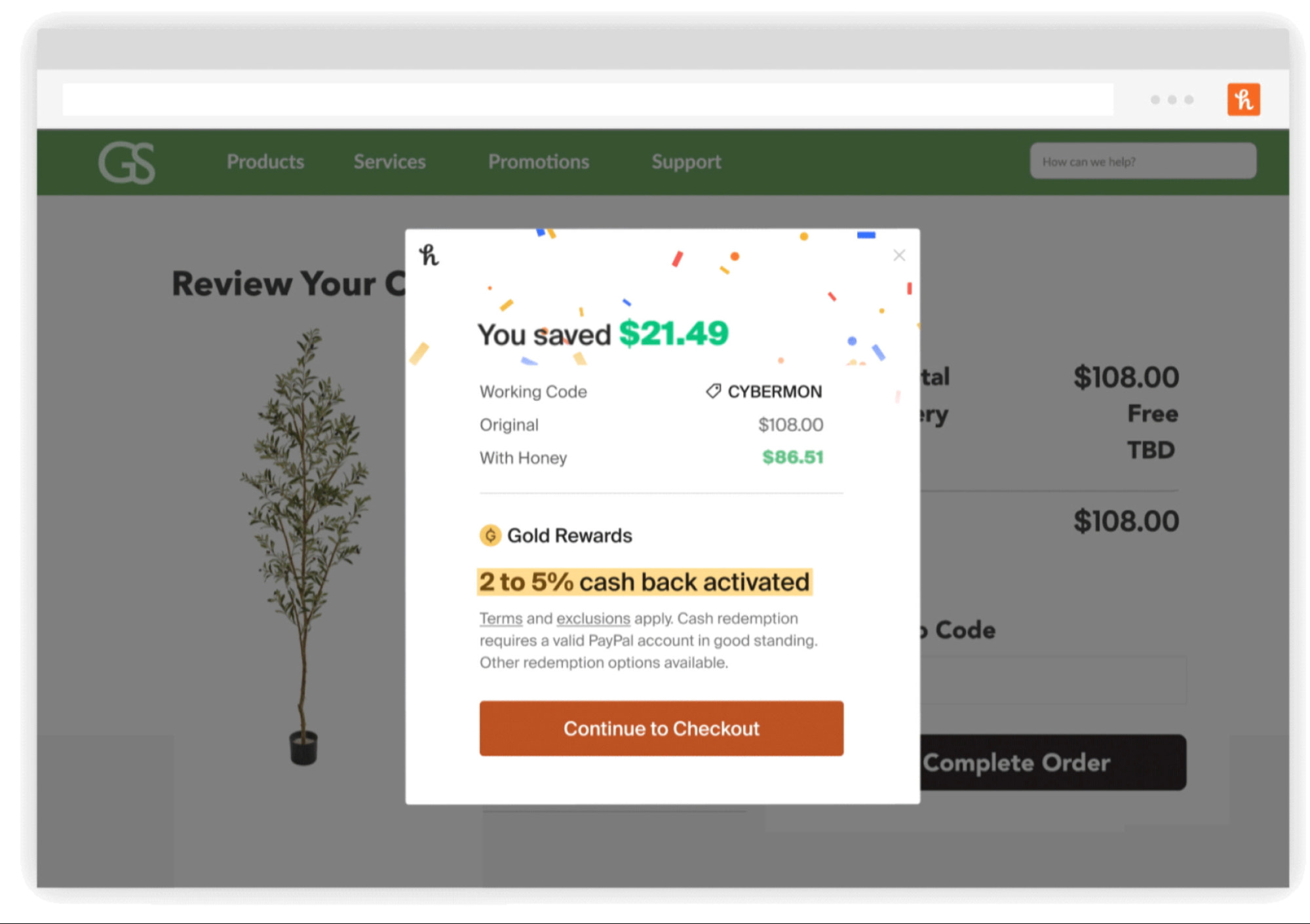 Popup showing user savings after using a discount code with a button to continue to the checkout.