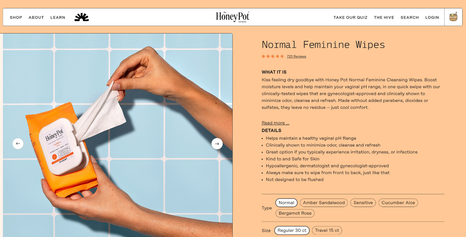 An ecommerce page from the brand The Honey Pot's website