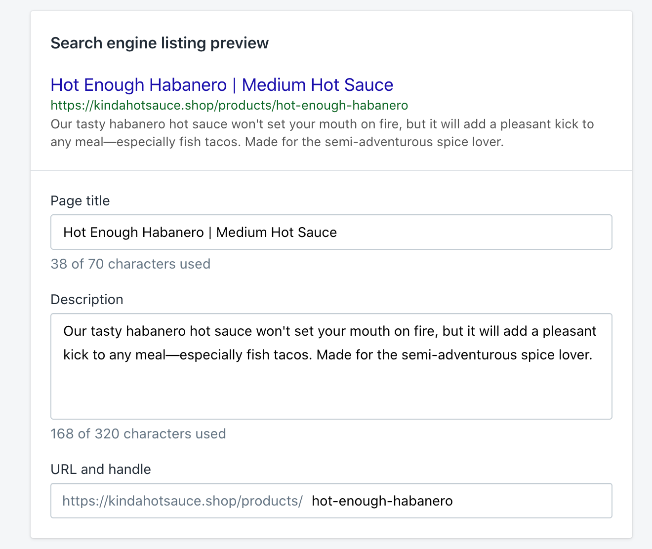 voorbeeld van een zoekmachineoverzicht voor shopify-productpagina