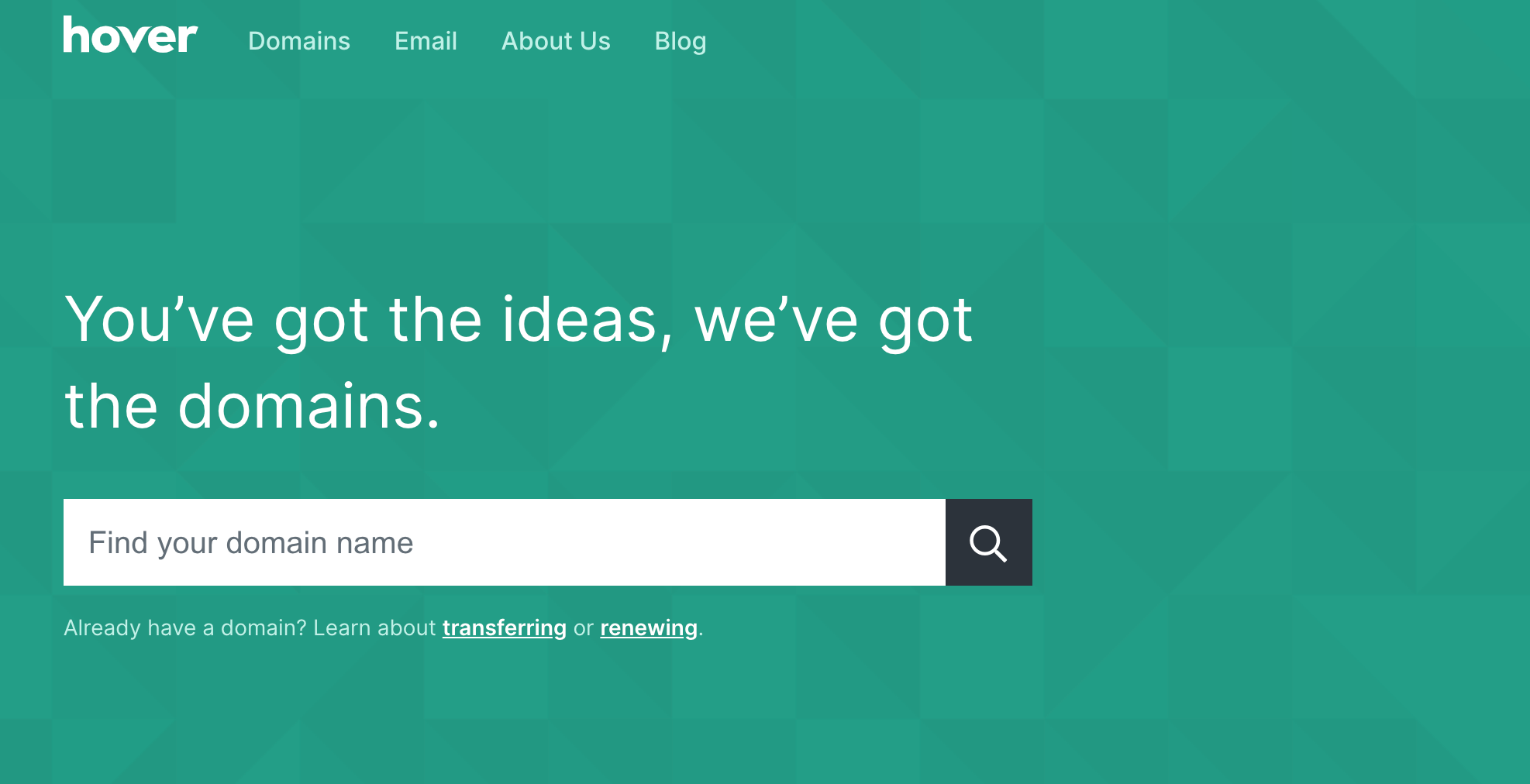 hover domains homepage with green colorscheme: domain name registrars