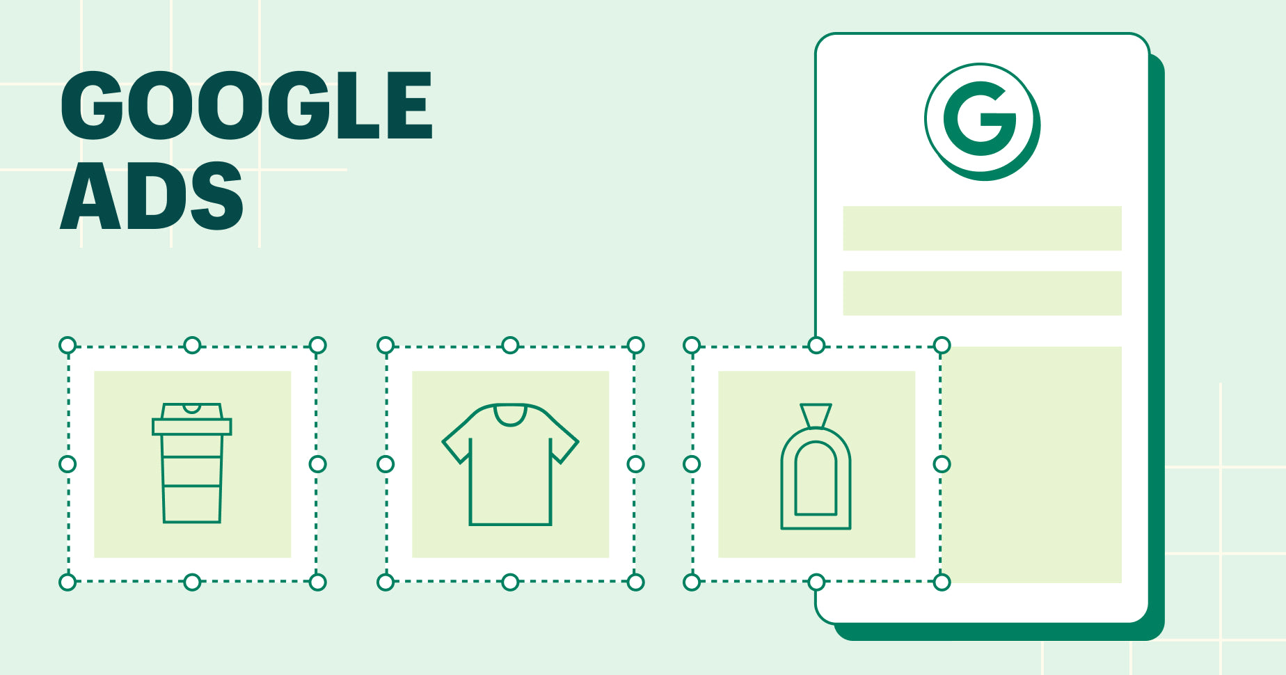 google ads text and icons of a vial, a tshirt, and a bottle