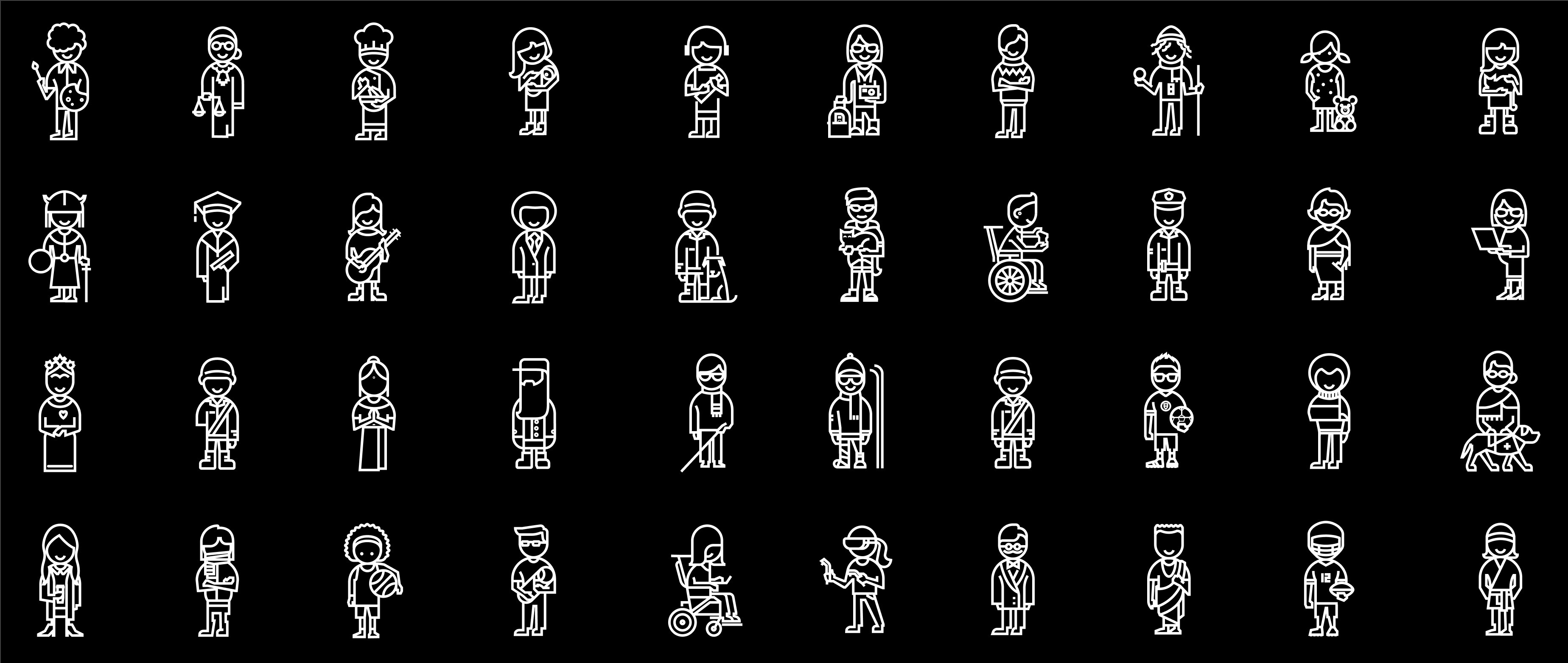 Outlined illustrations of people representing the able bodied as well as temporary, situational, and permanently disabled people.