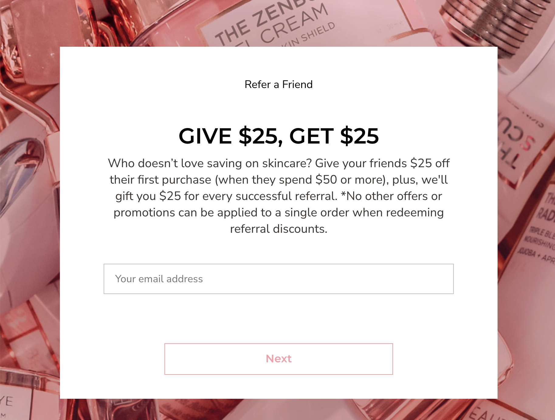 Referral program invitation with a give $25, get $25 incentive to refer new customers.
