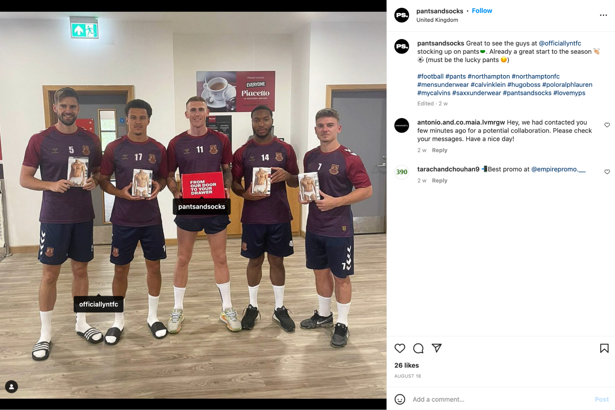 Instagram post showing five football players holding underwear boxes from Pants and Socks.