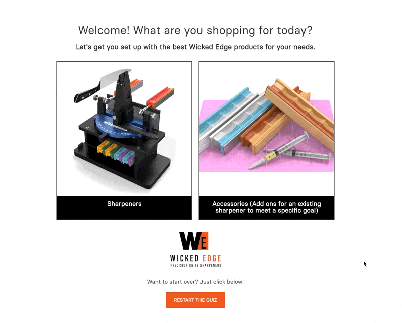 Wicked Edge’s website quiz asks what product a customer needs, their use case, and knife thickness to suggest personalized sharpening tools.