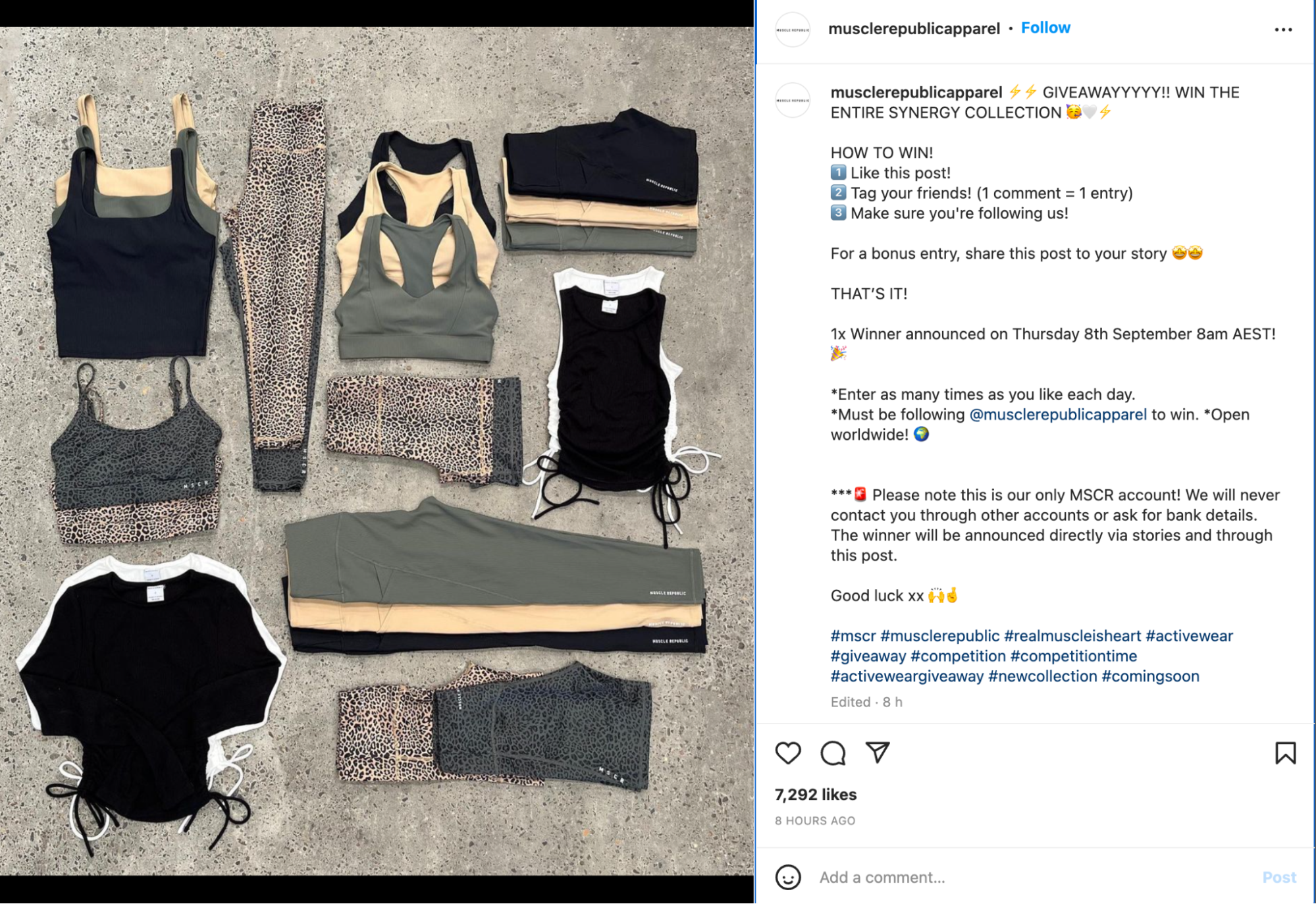 Instagram contest containing a flat lay photo of women’s activewear.