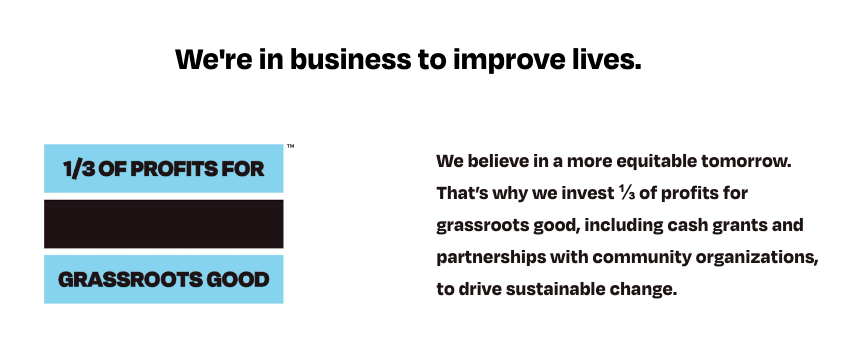 TOMS 网站的截图显示了其“在商业中改善生活”的社会使命。